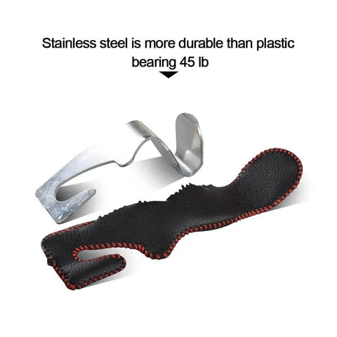 Universal Back Seat Headrest Hooks for Purses Bags Groceries Cloth shown in microfiber leather and stainless steel