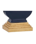 Totally Chic Navy Blue And Gold Ceramic Table Lamp With White Linen Shade, Sleek Mid Century Triple Gourd Design For Bedroom Or Office, 29 Inch Tall Bedside Lamp With LED Bulb Included gold leaf pedestal detail