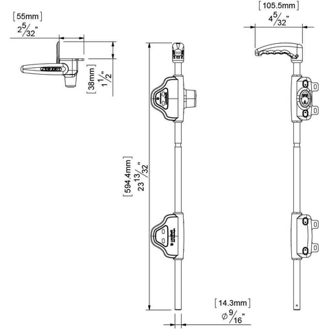 Technical drawing of Lockable Security Drop Bolt For Wood And Vinyl Gates 24 Inch Length Prevents Dropping And Dragging With Retention Grooves