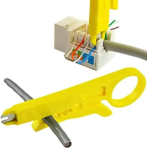Three Pack Handy Network Wire Stripper Punch Down Cutter For RJ45 Cat5 Cat5e Cat6 Data Cables And Telephone Cables UTP Cable Easy To Use Do It All Tool For Stripping And Punchdown in use stripping cable jacket and punchdown connection
