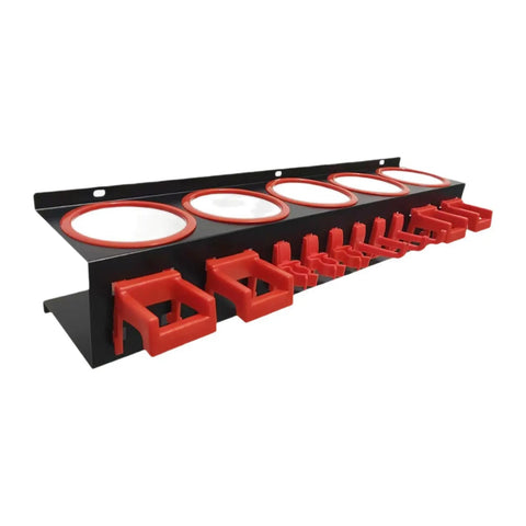 Heavy Duty Galvanized Spray Bottle Wall Mount Rack With Triple Hanging Hooks For Garage Car Wash Cleanup And Shop Storage To Keep Your Gear Sorted And Your Setup On Point with red pegs for organization.