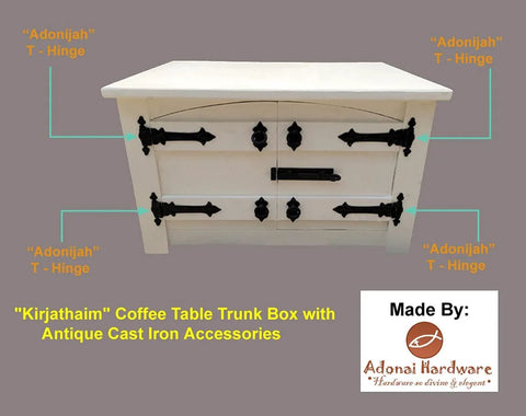 Antique Cast Iron Strap T Hinge 7.9 Inch Two Pack Matte Black on white coffee table trunk box with locks and handles.