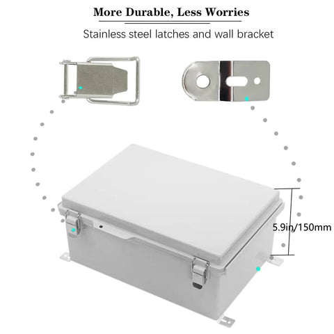 Rugged IP67 Waterproof Junction Box With Hinged Cover, stainless steel latches, wall bracket, 150 mm height, focus on durability.