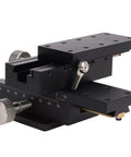 Manual XY Linear Stage For Precision Trimming, 40x90mm platform with detachable gear guide and dovetail rail system, side view