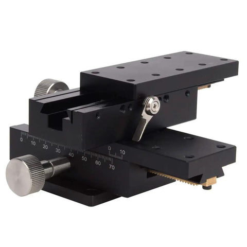 Manual XY Linear Stage For Precision Trimming, 40x90mm platform with detachable gear guide and dovetail rail system, side view