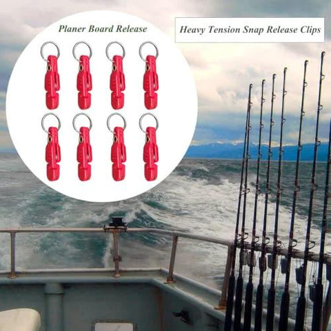 Planer board fishing snap release clips, 8 red heavy-tension clips on a boat with fishing rods
