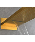 Shower System with Waterfall Rainfall Head, Handheld, Wall-Mounted Faucet featuring a gold rectangular overhead shower head.