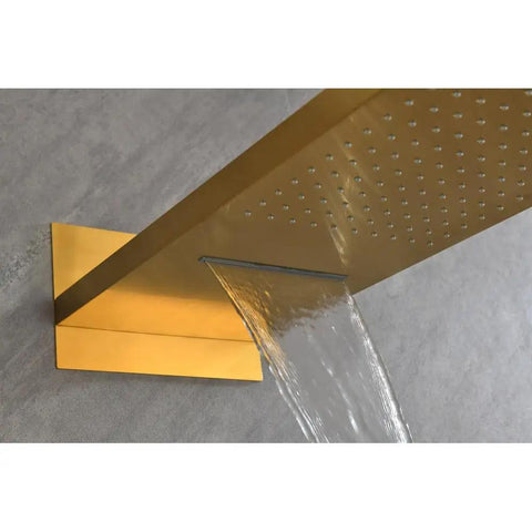 Shower System with Waterfall Rainfall Head, Handheld, Wall-Mounted Faucet featuring a gold rectangular overhead shower head.