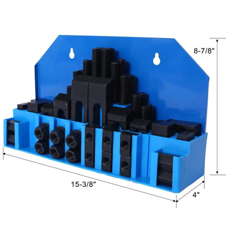 Front view of the All-In-One 58 Piece Heavy-Duty T Slot Clamping Kit for Milling Machines with dimensions marked on blue holder.