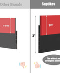Comparison of door draft stopper widths, showing Suptikes at 3 inches wide, emphasizing its strength, with a distinctive red and black design.