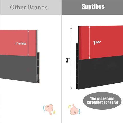Comparison of door draft stopper widths, showing Suptikes at 3 inches wide, emphasizing its strength, with a distinctive red and black design.