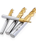 End mills, pack of 10, titanium-coated 4-flute with straight HSS shanks, sizes 5/64 to 3/8 in