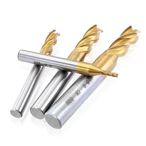 End mills, pack of 10, titanium-coated 4-flute with straight HSS shanks, sizes 5/64 to 3/8 in