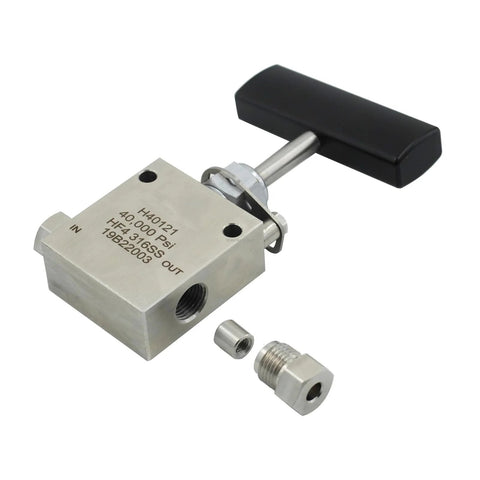 SS316 stainless steel hand-operated needle valve with black rectangular handle and fittings.