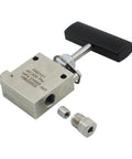 Needle valve, SS316, front view with black rectangular handle and threaded inlet/outlet.