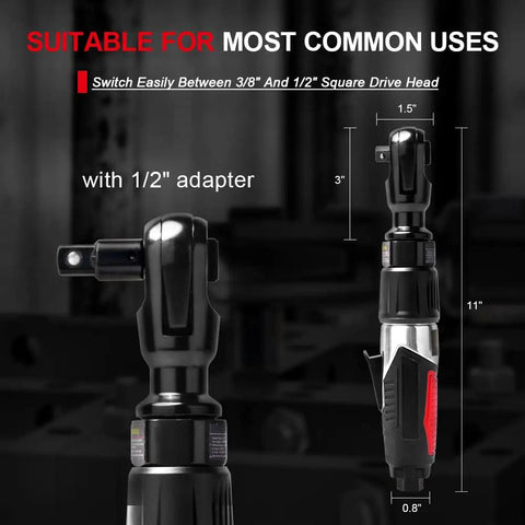 3/8 Inch Professional Air Ratchet Wrench Kit With 1/2 Inch Drive Adapter for Auto Maintenance, showing measurements