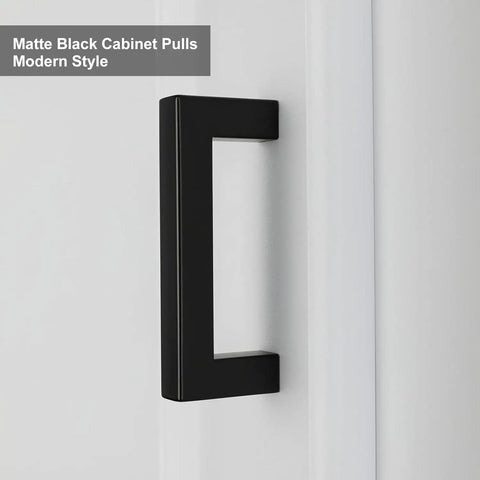 Close-up of Black Square Bar Cabinet Pulls 30 Pack 76mm Hole Center Durable Stainless Steel Drawer Handles on white cupboard