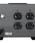 Back view of Isolation Transformer Power Conditioner For Home Theater Gear And Electronics, 500W 120V, with 4 outlets and cord, Tripp Lite brand.