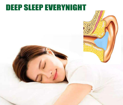 Smiling woman sleeping with ear cutaway illustration, promoting Soft Silicone Sleep Ear Plugs For Noise Reduction Up To 32dB.
