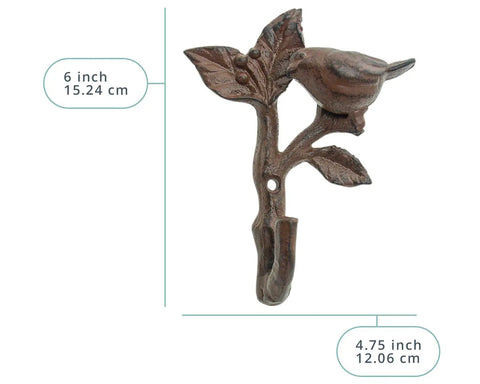 Heavy Duty Cast Iron Bird On a Branch Wall Hook With Screws Included For Real Deal Rustic Home Decor And Darn Smooth Hanging Organization You Will Love, measuring 6x4.75 inches.