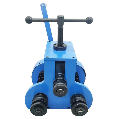 WYDDDARY Manual Pipe Bender Machine With Round And Square Dies For Hand Rolled Tube Bending Tools For DIY Metalwork Jobs, blue unit with handle.