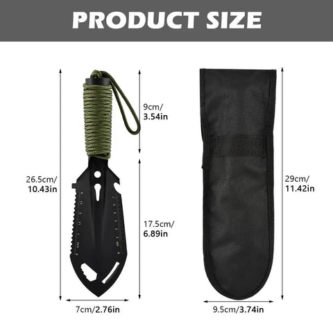 Beast 9 In 1 Portable Camping Shovel Multi Tool with dimensions, paracord handle, sheath, black color, for backpacking and survival gear