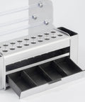 Close-up of Portable Screwdriver Tool Organizer With Slide Out Drawer Desktop Storage Rack Made From Heavy Duty Pvc And Pe silver multi tool holder.
