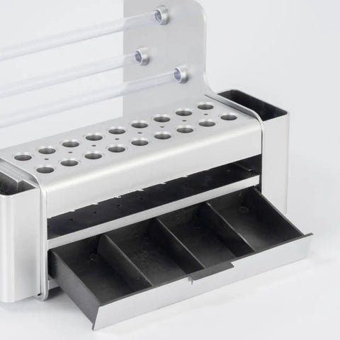 Close-up of Portable Screwdriver Tool Organizer With Slide Out Drawer Desktop Storage Rack Made From Heavy Duty Pvc And Pe silver multi tool holder.