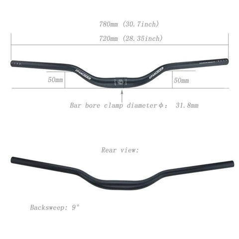 Ultra Light 31.8mm MTB Handlebar Aluminum Alloy 6061 Riser Bar Extra Long 780mm Matte Black with 50mm Rise and 9 Degree Sweep