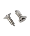 Built Tough Size Six By Three Eighth Inch Flat Head Phillips Wood Screws Premium Rust Proof Stainless Steel 304, two screws visible.