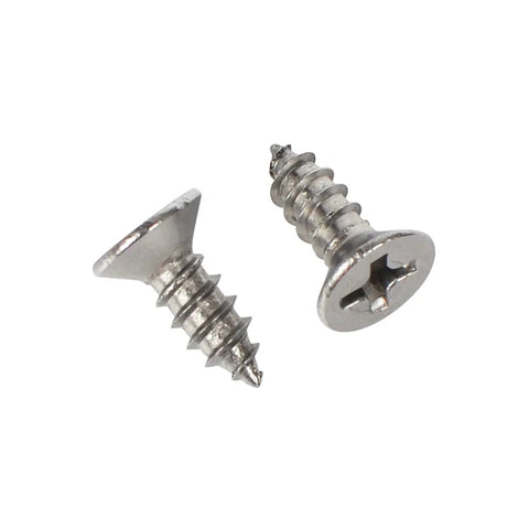 Built Tough Size Six By Three Eighth Inch Flat Head Phillips Wood Screws Premium Rust Proof Stainless Steel 304, two screws visible.