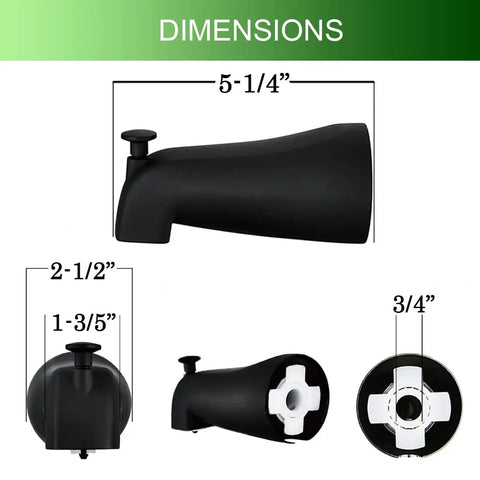 Matte Black Slip Fit Tub Spout With Diverter Bathroom Faucet Wall Mount One Half Inch Slip On Copper Tubing Pull Up Diverter, dimension view