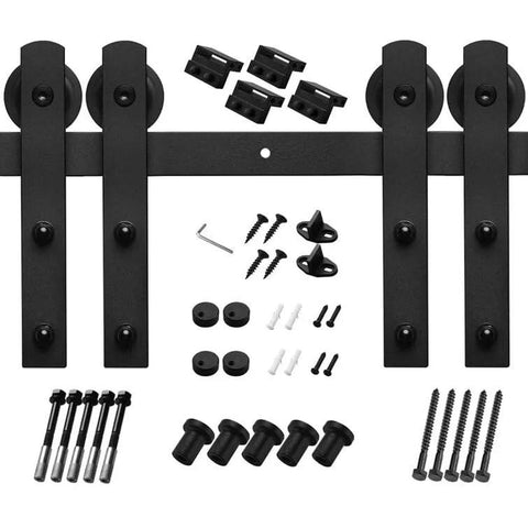 13 Foot Sliding Barn Door Hardware Kit For Double Doors Heavy Duty Track System With Quiet Rollers, black hardware pieces visible
