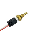 Coolant temperature sensor with connector harness; brass threaded body, black plastic housing, red/white wires.