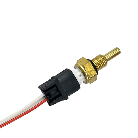 Coolant temperature sensor with connector harness; brass threaded body, black plastic housing, red/white wires.