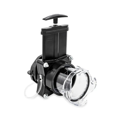 Ready-To-Use Gate Valve With Built-In Clear Adapter For 3-Inch Sewer Fittings, see-through design, black construction, universal fit