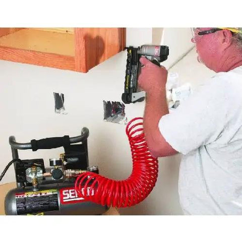 Professional 18 Gauge Pneumatic Brad Nailer Paired With A Rugged Air Compressor Kit And 25 Ft Hose Bundle Oilless Workhorse Nail Gun Combo Drives Full Range Brads For Smooth Deck Framing Or Dry Fit Millwork Finishes