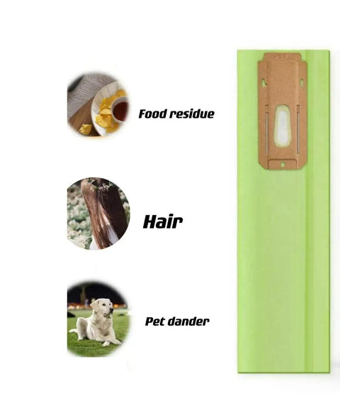 12 Pack Green Beefed Up Replacement Vacuum Bags For XL Upright Vacuums, highlights debris types like food residue, hair, pet dander.