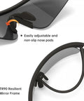 Close-up of Hella Crisp Polarized Range Ready Sunglasses UV400 Protection Matte Black adjustable nose pads and TR90 mirror frame.