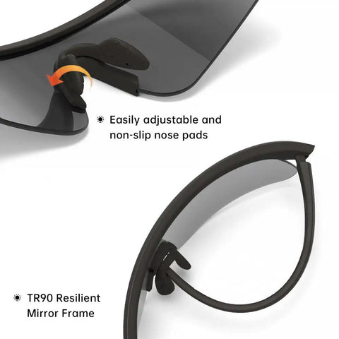 Close-up of Hella Crisp Polarized Range Ready Sunglasses UV400 Protection Matte Black adjustable nose pads and TR90 mirror frame.
