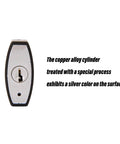Close-up of a silver copper alloy cylinder on All Weather Outdoor Padlock Set Keyed Alike, 2 Locks With Same Key.