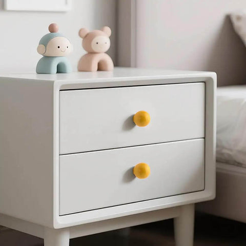 Bright Yellow Ceramic Dresser Knobs And Premium Drawer Pulls For Kitchen Cabinets Snag 8 Pack Single Hole Round Handles on white nightstand.