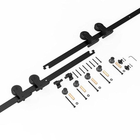 5.5 Foot Bypass Barn Door Hardware Kit For 33 Inch Double Doors showing steel track, T shape hangers, and components.