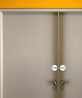 Two Inch Round Push Pull Door Signs Brushed Gold Set Of Two Durable Plastic With Strong Adhesive Foam Tape For Super Easy Install And Clear Legible Messaging In Offices Homes Or Commercial Doors on gray double doors