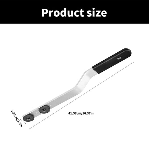 16 Inch Metal Duct Stretcher Tool With Offset Handle And Sliding Washers For HVAC Ductwork Expanding And Shaping displayed with dimensions