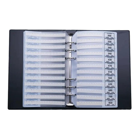 Open view of 0201 Resistor Kit With 170 Values 50pcs Per Spec 8500pcs Total SMD Resistors High Precision in black anti-static booklet