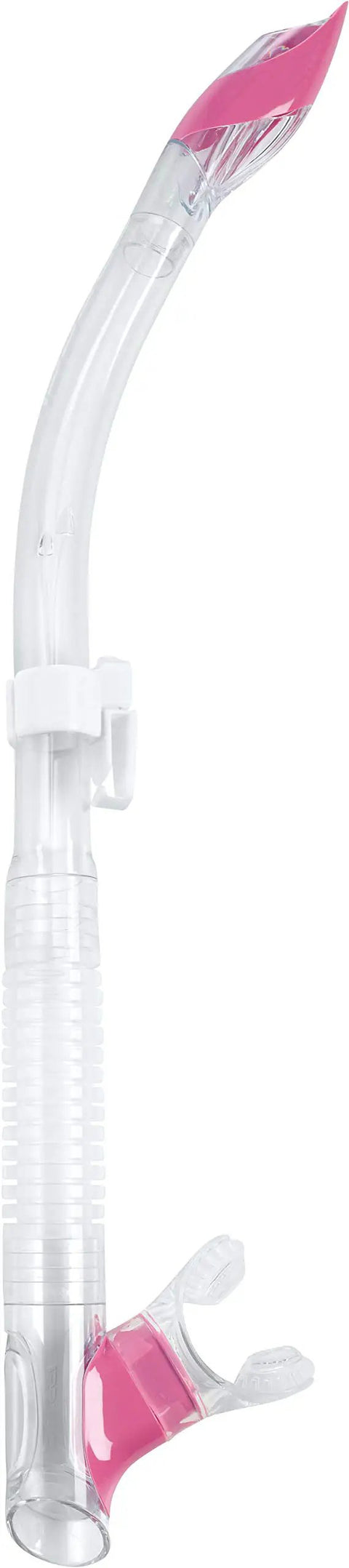 Tao Semi Dry Snorkel With Splash Guard For Easy Breathing And Less Jaw Fatigue Flexible Lower Bore Angled Mouthpiece Plus Durable Silicone Mouthpiece For Scuba Diving And Snorkeling In Clear Pink