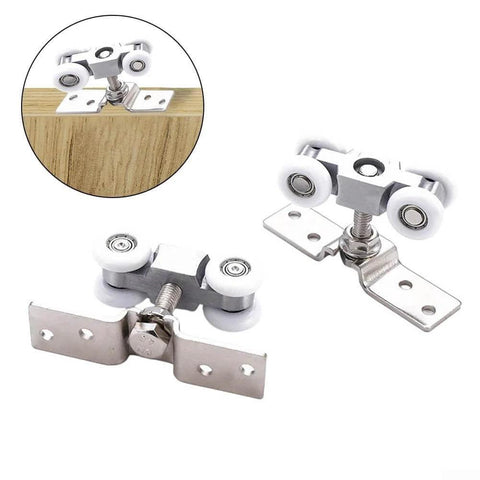 Front view of Slick Four Wheel Metal Sliding Track Pocket Door Roller Kit with hanger ball bearing pulleys for wardrobe use.