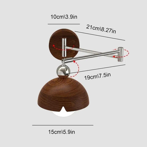 Swing Arm Wall Sconce, Modern Wood Lamp Bedside Reading Bedroom with adjustable polished chrome arm and dome shade.