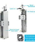 Rock Solid Aluminum Xyz Manual Sliding Stage With Dual Linear Rail Guides And Reliable Sfu1605 Ball Screw for CNC upgrades, showing handwheel and dust cover.